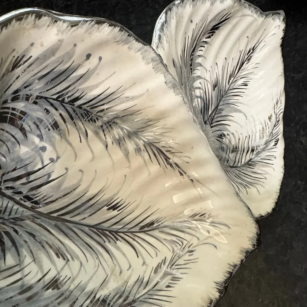 Vintage Italian Pottery Double Leaf Dish Bowl Silver Vein Handle Mid Century
